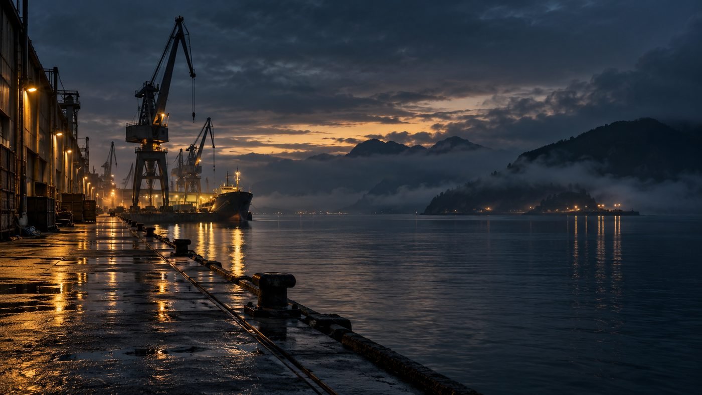 A wide view of a container harbor at dawn with gantry cranes in silhouette.