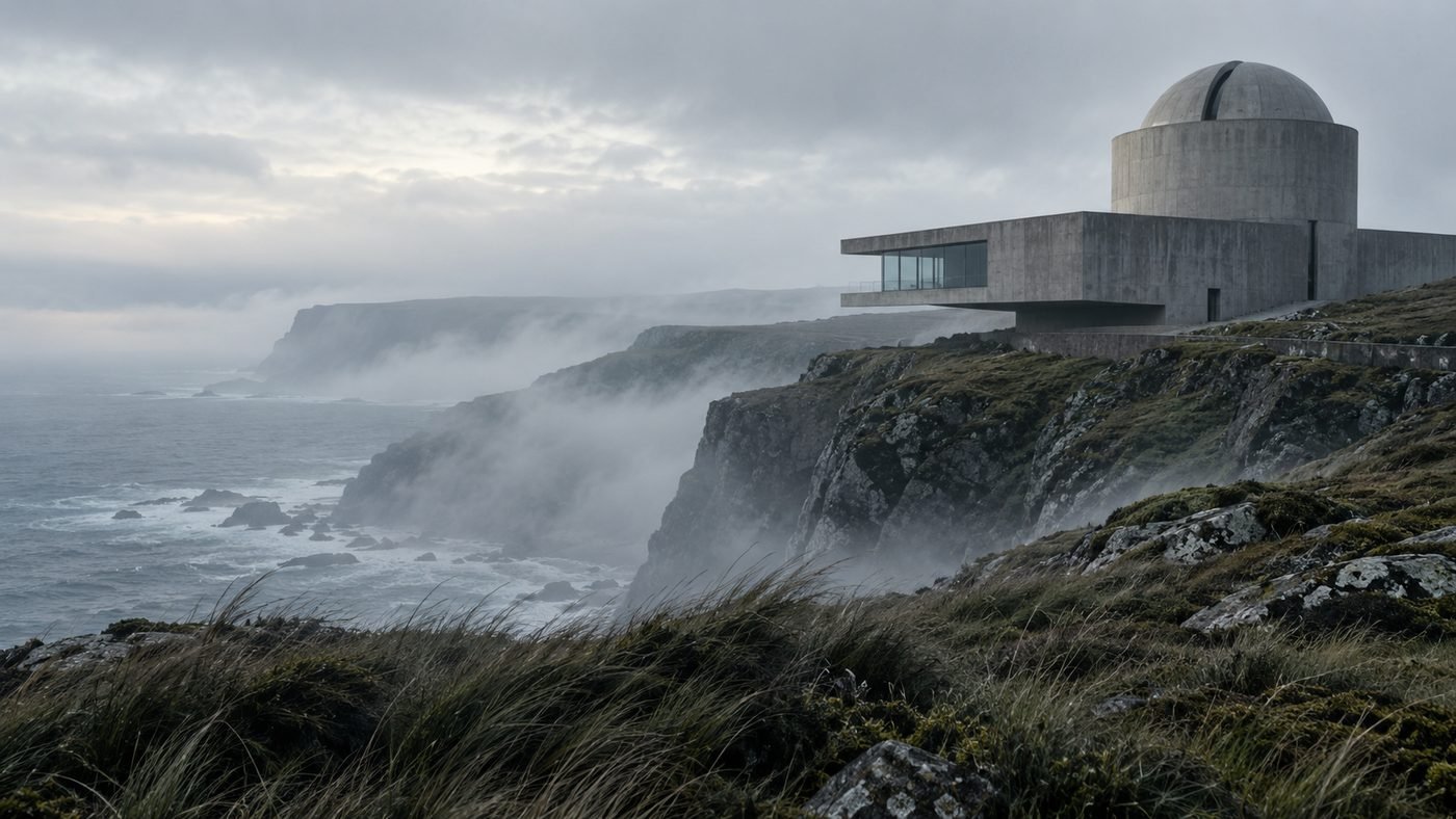 A small observatory building on a cliff edge overlooking the sea.