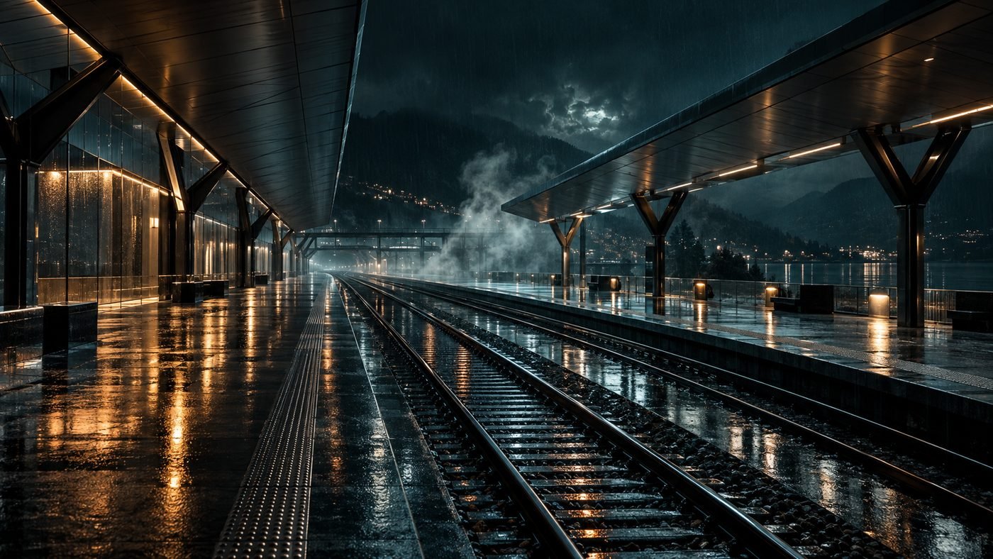 An empty railway platform lit by amber lights at night.