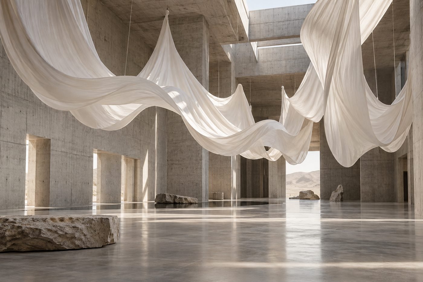 Billowing white fabric suspended and lit inside a gallery space.