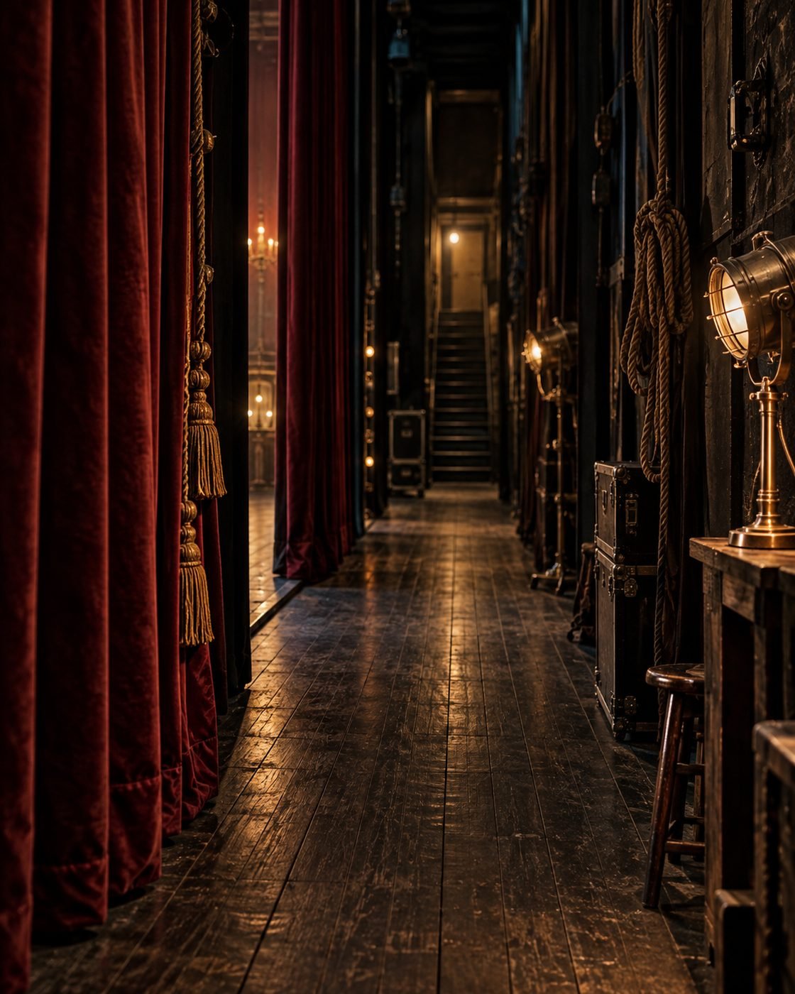 A performer stands backstage beside a heavy velvet curtain.