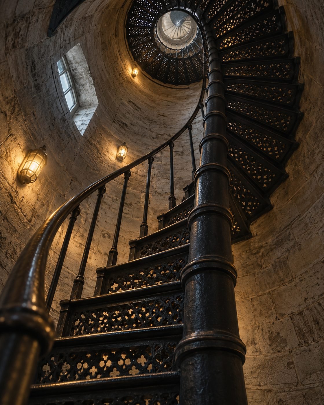 A tight spiral staircase inside a lighthouse tower, lit from above.