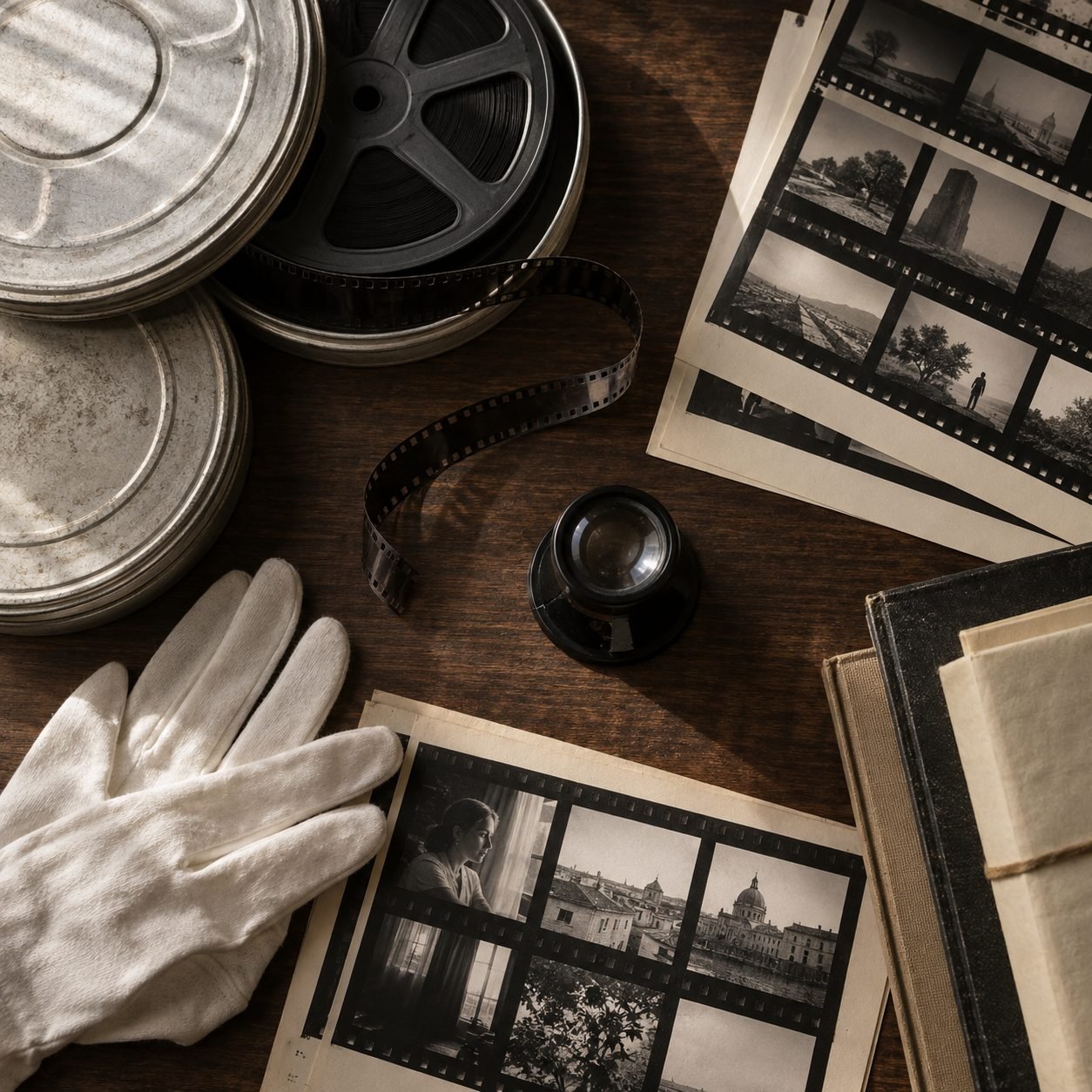 An archive table with a film contact sheet, gloves and a loupe.