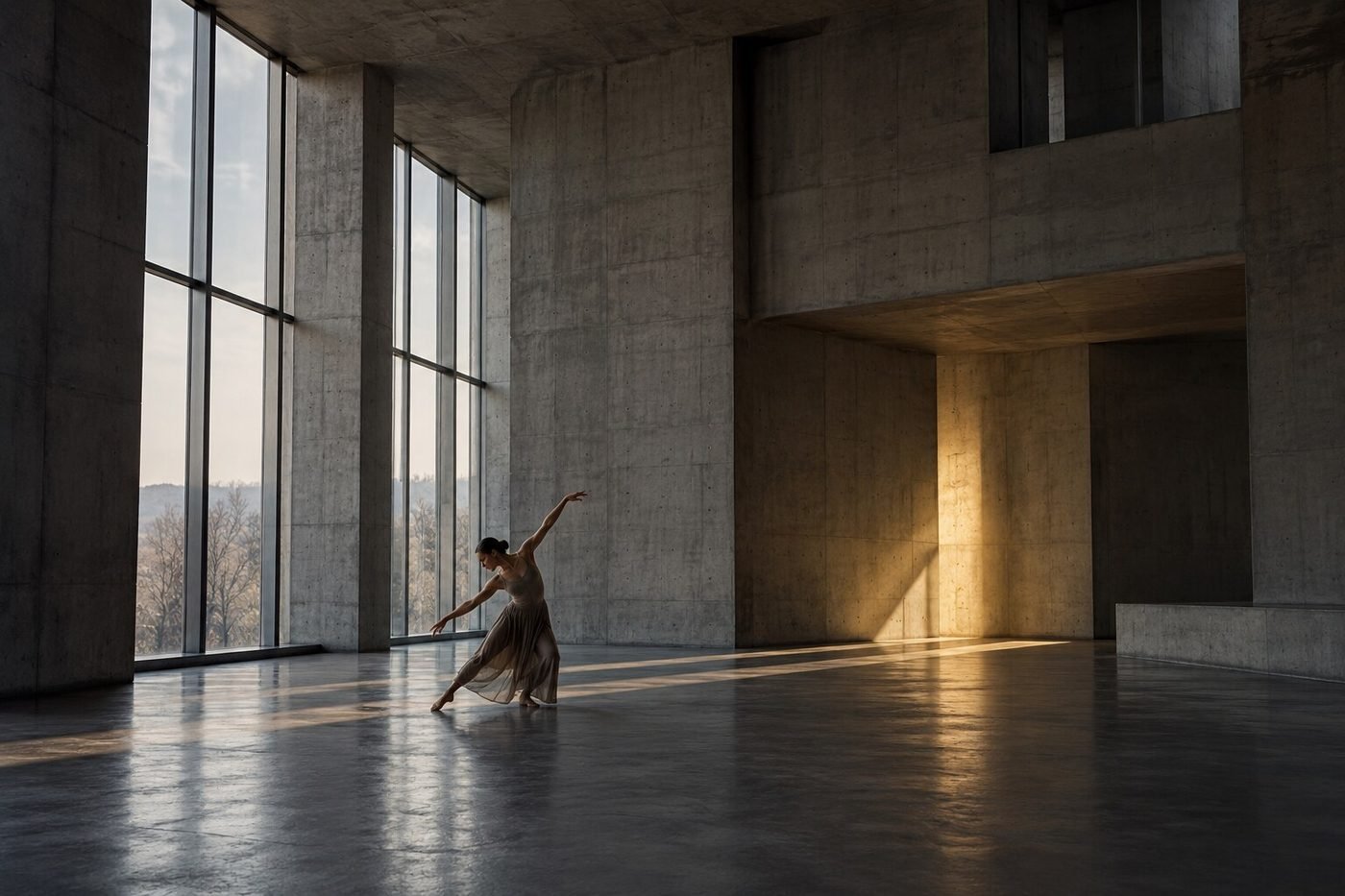 A dancer rehearses in a vast brutalist hall illuminated by a warm shaft of light.