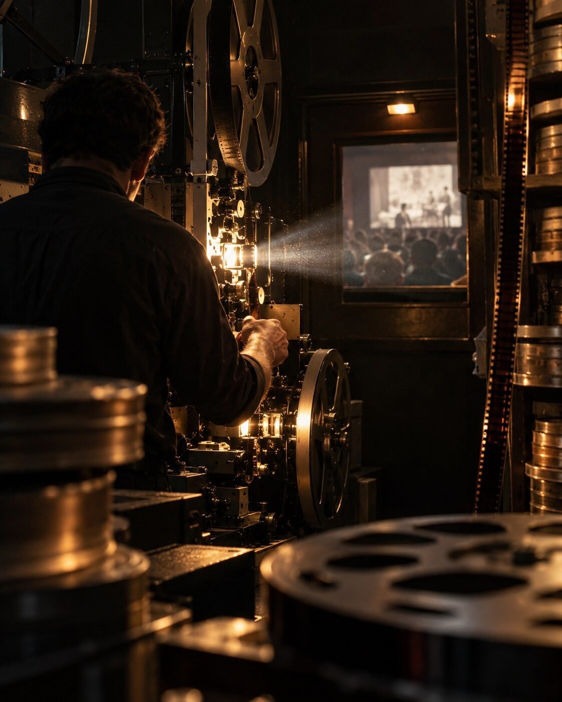 A projectionist seen from behind working among film reels in a dark cinema booth.