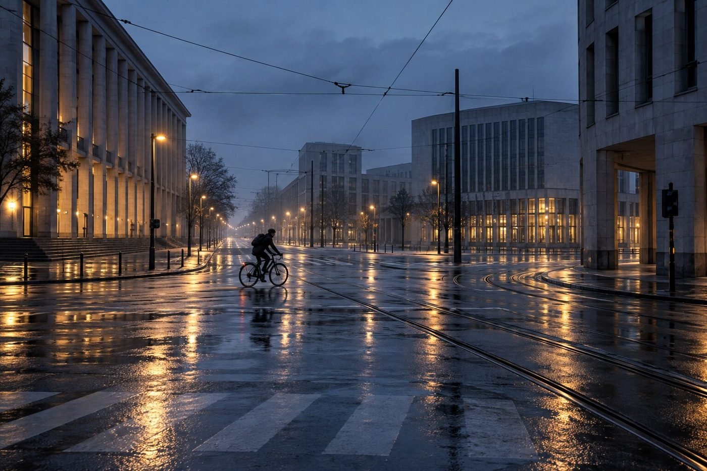 A lone cyclist crosses a wet city intersection beneath tram wires before dawn.