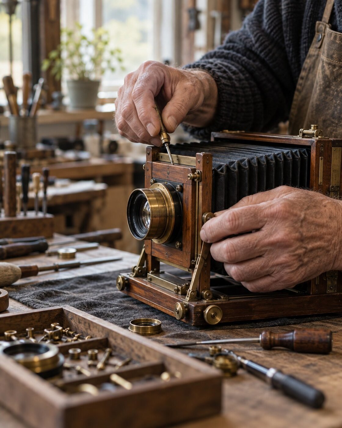 An elderly artisan's hands repair a vintage wooden camera at a workshop bench.
