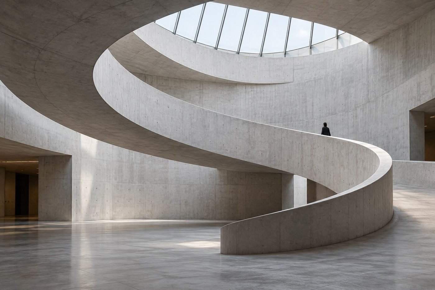 A small visitor stands inside a pale concrete museum shaped by a sweeping spiral ramp.